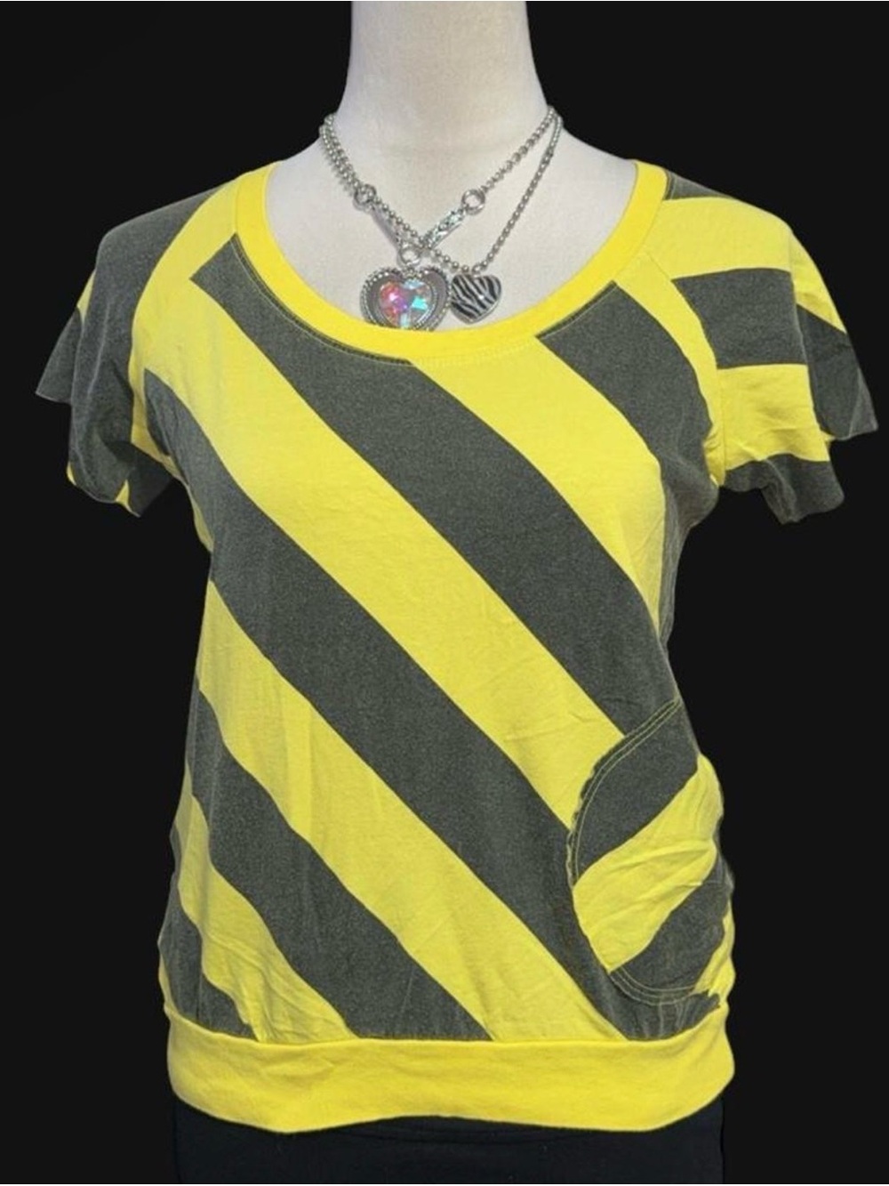 Yellow & Gray Diagonal Stripe Short Sleeve Tee - Women's Casual Top
